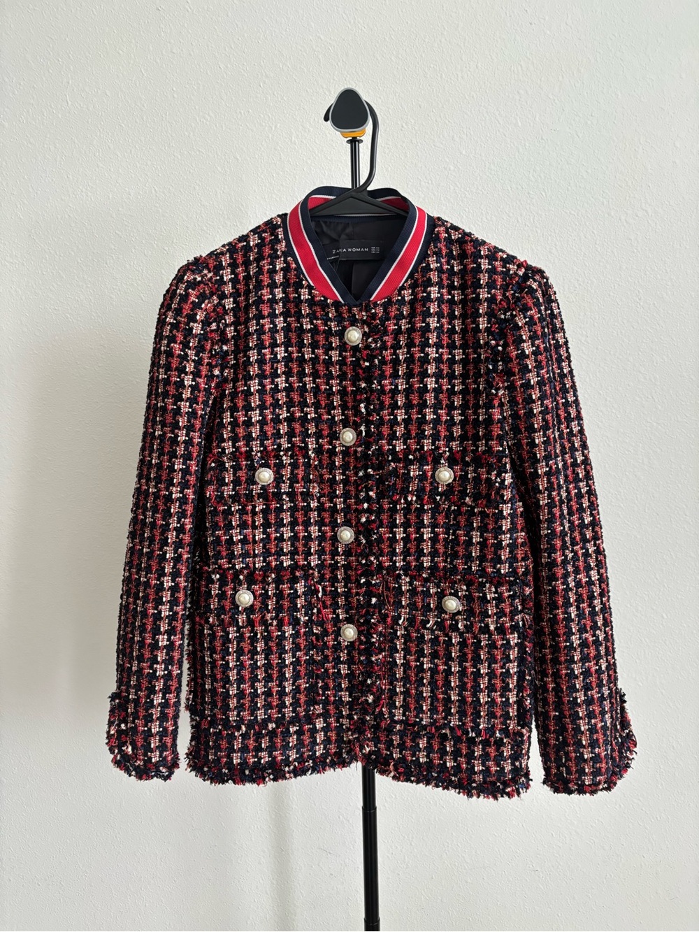 Zara Woman Tweed Jacket Red Navy Pearl Button Striped Collar Blazer XS